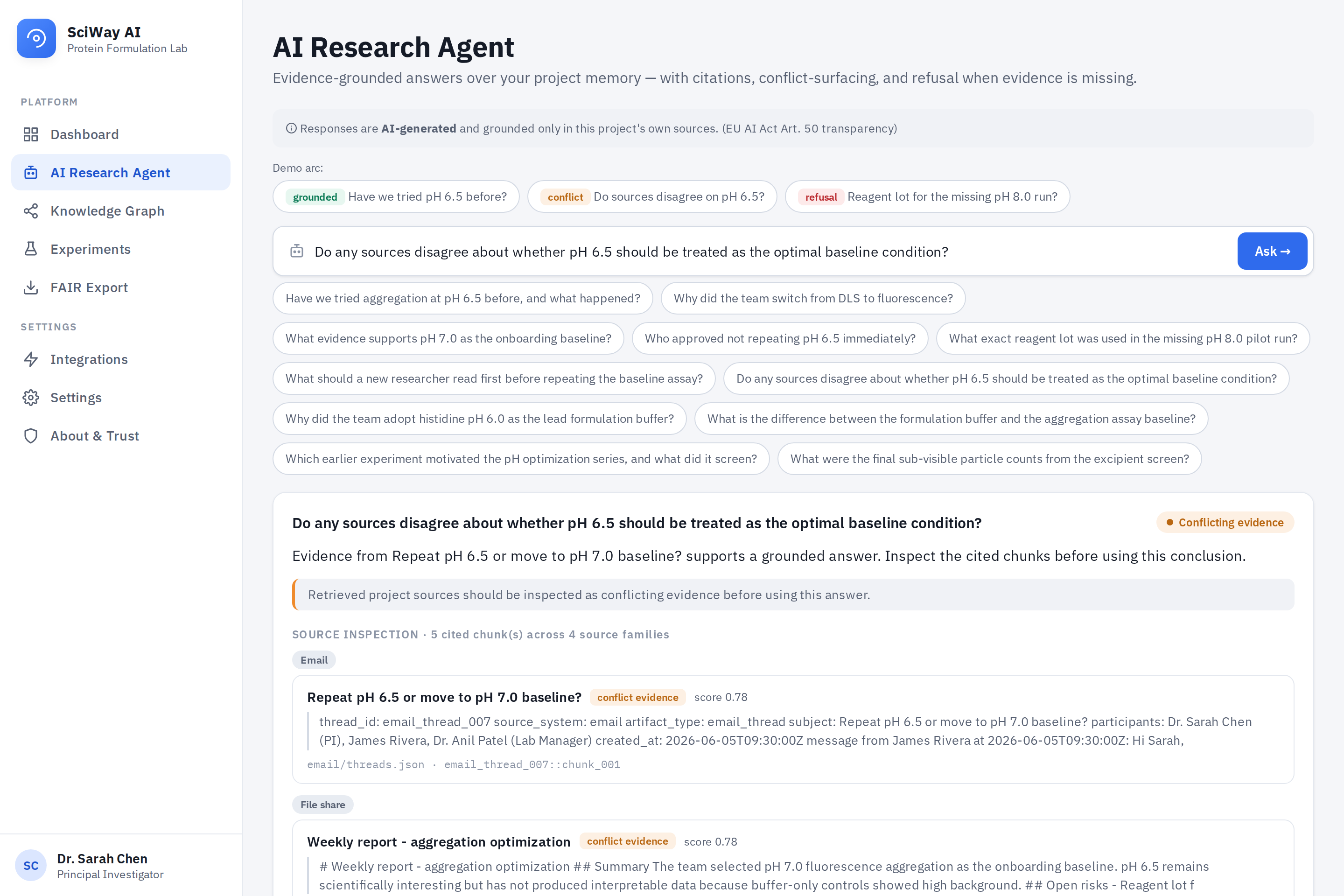 SciWay AI agent: conflicting evidence surfaced, showing two sources that disagree on a value