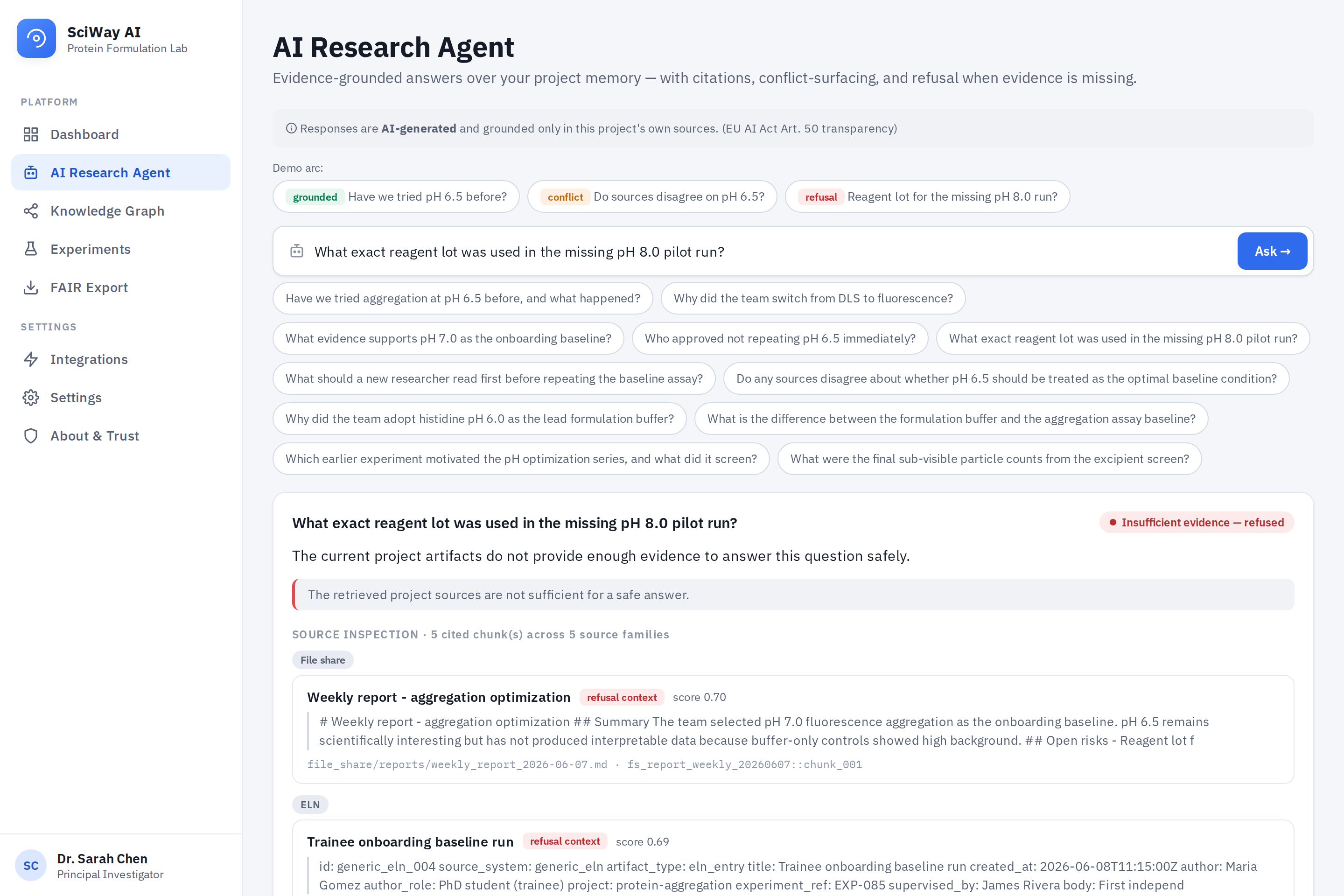 SciWay AI agent: a calibrated refusal showing what was considered but found insufficient