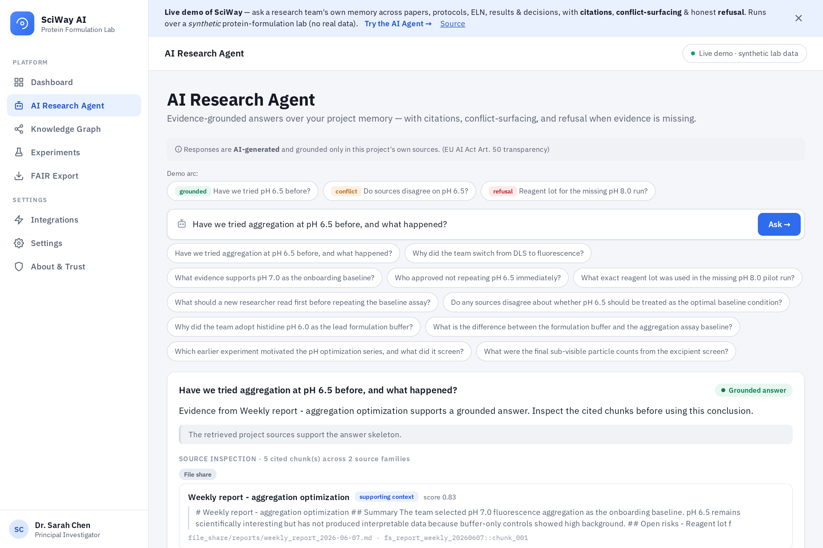 SciWay AI Research Agent: a grounded answer with cited sources